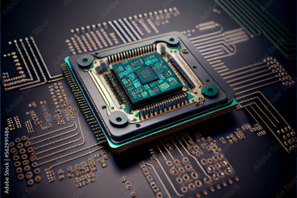 Poster Computer processor chip on a circuit board with microchips. Circuit board. Technology background. Central Computer Processors CPU.