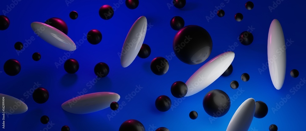 Aufkleber abstract 3d render. blue background with falling 3d balls. dynamic flying bubbles. modern trendy bac