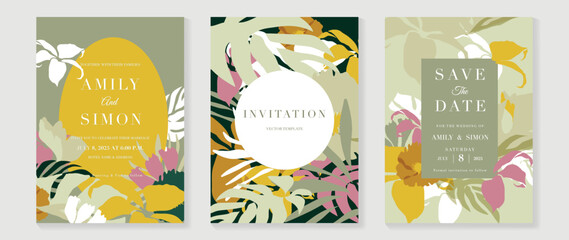 Luxury wedding invitation card background vector. Vibrant color hand painted botanical floral leaf branch texture template background. Design illustration for wedding and vip cover template, banner.