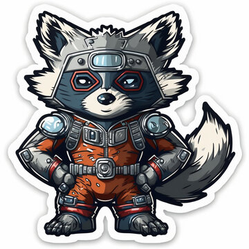 Racoon, Robot Racoon, Bright Colors, Sticker Design, White Outline.