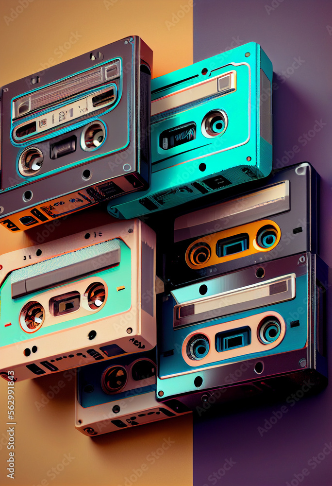 Poster beautiful magnetic cassette tapes on a multicolored background. creative concept of retro style.