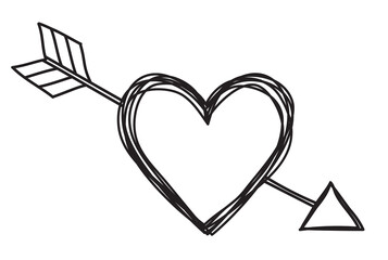 Heart and arrow shaped tangled grungy scribble hand drawn with thin line, divider shape. Isolated...