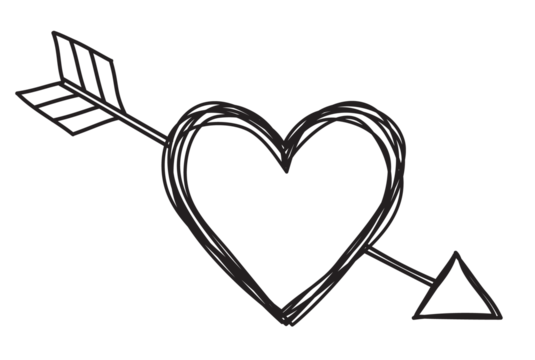 Heart and arrow shaped tangled grungy scribble hand drawn with thin line, divider shape. Isolated png clipart cutout