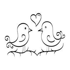 Pair of lovebirds isolated. Birds on Branch Vector, Wall Decals, Birds Couple in Love, Birds Silhouette on tree and Hearts
