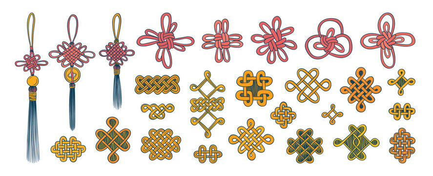 Chinese lucky knot charm. Japanese knot. Lucky knot coin amulet. Asian doodles. Japanese tassel. Asia culture symbols. Chinese New Year decoration.