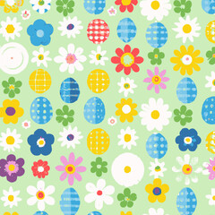 Illustration of many colorful decorated Easter eggs and flowers background pattern, red, yellow, green, blue, bright and pastel