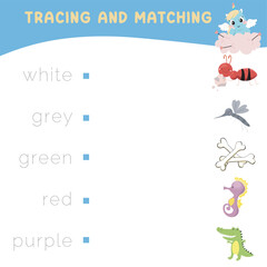 Trace and match words with pictures. Exercise for children to recognize color. Educational worksheet for preschool. Vector file. 