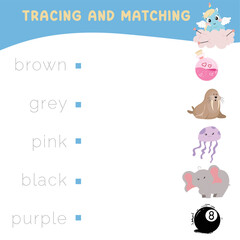 Trace and match words with pictures. Exercise for children to recognize color. Educational worksheet for preschool. Vector file. 