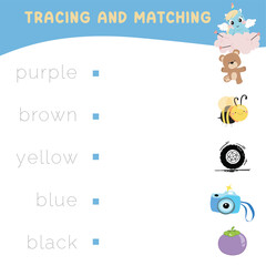 Trace and match words with pictures. Exercise for children to recognize color. Educational worksheet for preschool. Vector file. 