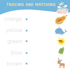 Trace and match words with pictures. Exercise for children to recognize color. Educational worksheet for preschool. Vector file. 