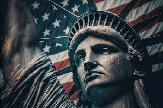 Double exposure image of the Statue of Liberty and the American flag,Generative ai
