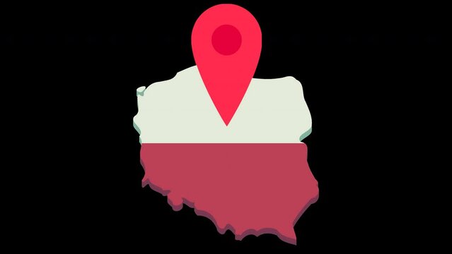 Looping animation in flat design style of a jumping red map marker on 3D map of poland in colors of polish flag with alpha channel