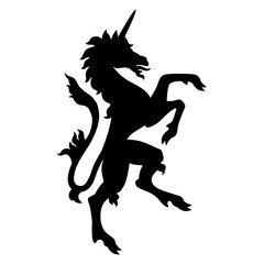 Logo heráldica con silueta de caballo unicornio medieval de pie