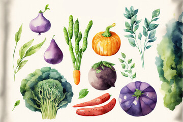 Watercolor vegetables set wallpaper on white background