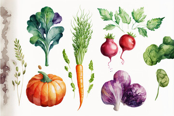 Watercolor vegetables set isolated on white
