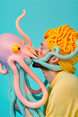 Creative abstract concept of a man hugging and kissing an octopus with long tentacles. Pastel portrait. Illustration. Generative AI.