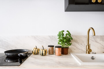 kitchen with induction stove, sink and water tap