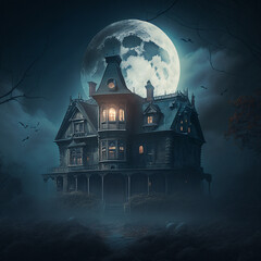 Fototapeta na wymiar Haunted House with Dark Horror Atmosphere. Halloween Haunted Scene House. AI generated