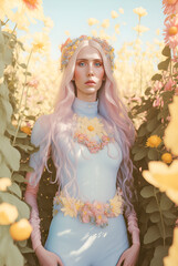 Portrait of a young, beautiful girl, a Spring princess on a pastel background made of fresh flowers. Spring creative concept. Illustration. Generative AI.