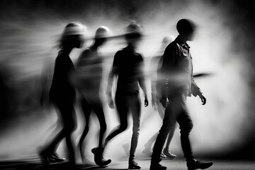 Menschen in Bewegung, abstraktes Bild in schwarz weiß mit Bewegungsunschärfe - Generative AI - obrazy, fototapety, plakaty