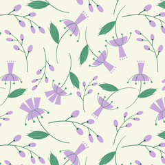 Cute seamless repeat pattern with lilac flowers on light background, fresh spring floral motif. Drawing of bright flowers in a pattern for textiles, wrapping paper and packaging design. Vector