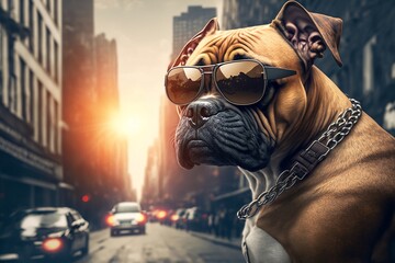 Fototapeta na wymiar Cinematic landscape of a gangsta with dog sunglasses, a city in the background created by AI 