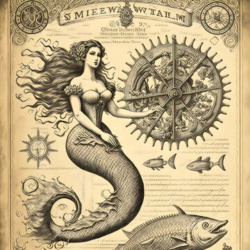 Vintage Antique Scientific Mermaid Engraving, Ocean Life, Curling Tail, Biology Plate Illustration, Steampunk Mermaid, Old Paper Texture, Antique Style Drawing, Cogs And Gears, Clockwork, Mechanical  