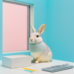 Abstract, beautiful, hardworking Easter rabbit at workplace, working hard in the office. Pleasant pastel bunny working atmosphere. Illustration. Generative AI.