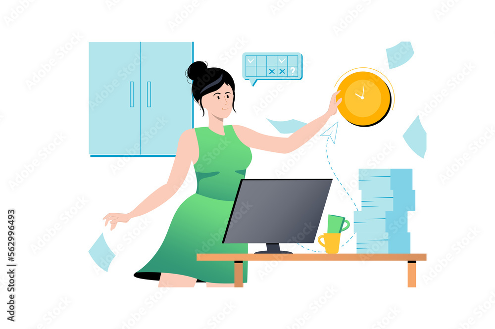 Poster deadline concept with people scene in flat cartoon design. woman checks the time on the clock in ord