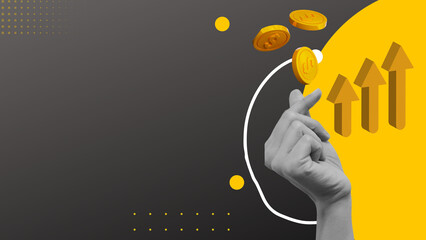 Vector collage illustration of hand holding coins. Business concept.