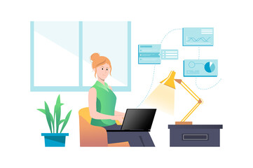 Data analysis concept with people scene in flat cartoon design. Woman in the office works on analyzing data that her colleagues provide electronically.