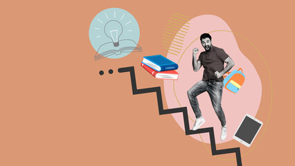Study full body concept. Happy excited cheerful young student man jumping on stairs and celebrating success isolated over white background. Trend illustration collage.