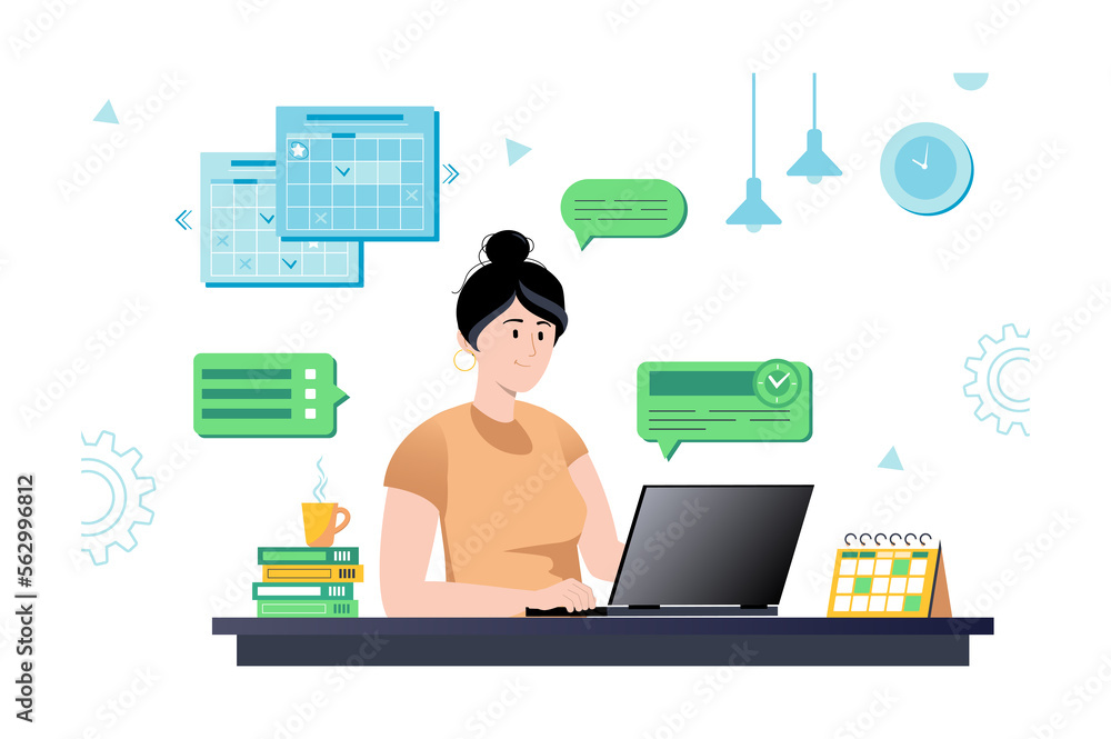 Poster concept planning with people scene in flat cartoon design. woman makes a list of plans for the near 
