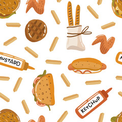 Vector hand drawn colored seamless repeating simple flat pattern with fast food elements on a white background. Hotdog, chicken wings, hamburger, ketchup, mustard. Template for web, restaurant, menu