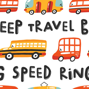 Cartoon seamless pattern with buses and trams. Cute childish background. Urban transportation with road signs. Colorful vector print. Kid backdrop for textile, fabric, paper, games, play mat