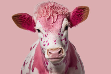 Portrait of pink cow against pink background. Generative AI - 562997045
