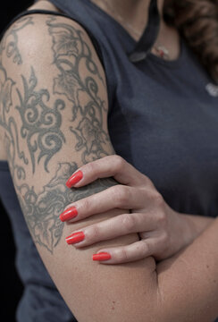 Close up shot of Female Downhill Mountain Bikers hands with nail varish on , Forest of Dean,UK.