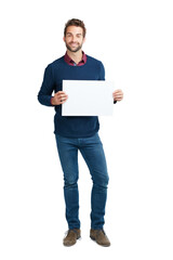 Blank, announcement and portrait of businessman with a billboard isolated on a white background. Marketing, work and an employee with a mockup space poster advertising a brand on a studio background