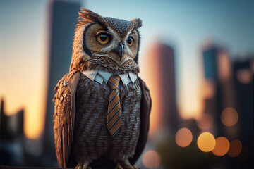 Portrait of an owl businessman in a stylish classic suit against the backdrop of a big city, animal boss in human body, entrepreneur anthropomorphic illustration, art created by ai