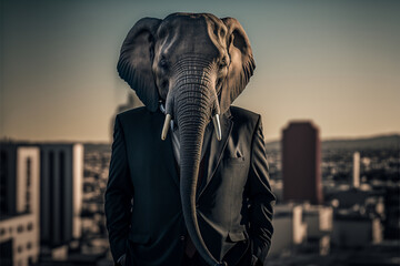 Fototapeta na wymiar Portrait of a businessman elephant in a stylish classic suit against the backdrop of a big city, animal boss in human body, entrepreneur anthropomorphic illustration, art created by ai