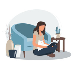 Woman reading book concept. Woman with literature in hands. Flat vector illustration isolated on white background.