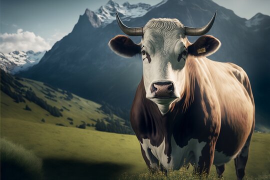 Panoramic view cow , Cinematic landscape, Generative ai
