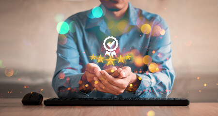 Hand shows the sign of the top service Quality assurance 5 star, Guarantee, Standards, ISO...