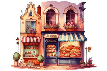 Retro illustration of a   small charming Parisian town street with bakery shop,  Ai Generative