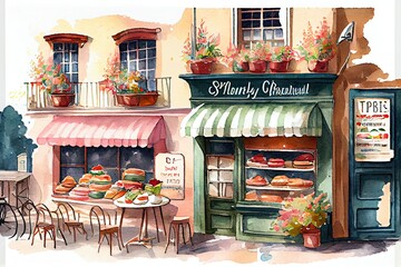 Retro illustration of a   small charming Parisian town street with bakery shop,  Ai Generative - obrazy, fototapety, plakaty