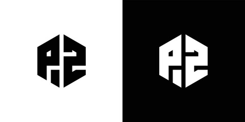 Letter P Z polygon, Hexagonal minimal and professional logo design on black and white background