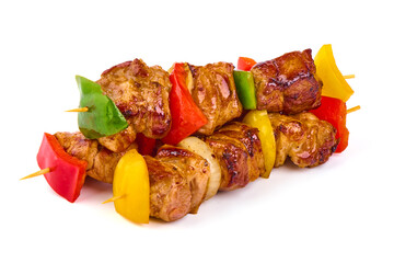 Grilled meat skewers, roasted shish kebab with onion and tomatoes, isolated on white background.