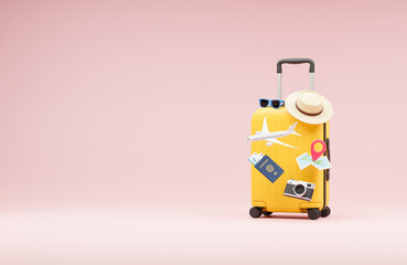 Traveler tourist accessories luggage suitcase sun glasses hat camera passport tickets vacation holidays trip plane map pin. travel concept. 3d rendering.