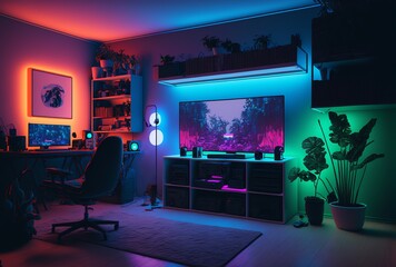 Gamer workspace with RGB lights, neon colors. Video game streamer. Modern workspace with computer on the desk. Generative AI.