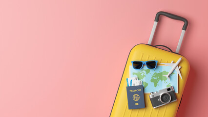 Traveler tourist accessories luggage suitcase sun glasses hat camera passport tickets vacation holidays trip plane map pin. travel concept. 3d rendering.